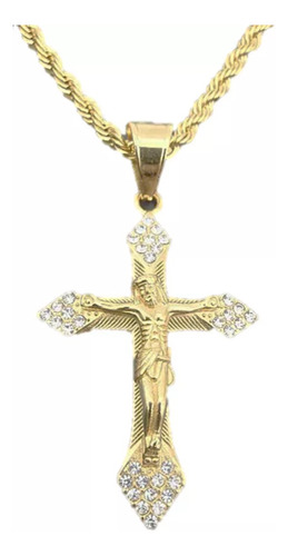 Colar Crucifíxo Dourado Zircônias Banhado Folheado Ouro 18k