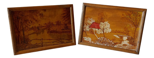 Lote X 2 Cuadros Pirograbados Paisajes C/u 27x19 Cm. Varios Madera (Usado)