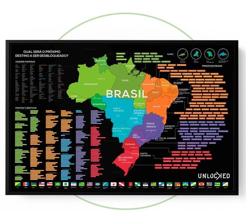 Kit 2 Mapas Do Brasil De Raspar 94x60cm Com Moldura + Vidro