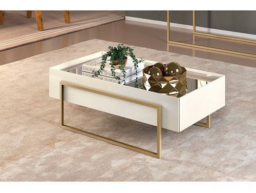 Mesa De Centro Pilar Com Tampo Em Espelho Dj Móveis Cor Off white