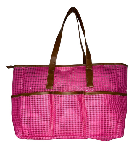 Bolsa Grande Praia Piscina Sacola Reforçada Tela Com Zíper Acambamento Dos Ferragens 0 Cor Bm3t - Pink Cor Da Correia De Ombro Marrom Desenho Do Tecido Tela Quadrada