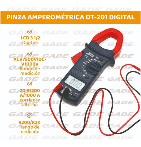 Imagen 2 de 9 de Pinza Amperometrica Digital Tester Dt201 Data Hold Y Luz Lcd