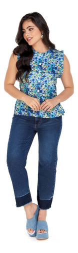 Blusa Sin Mangas Floral Bohemia Azul Dama Mundo Terra