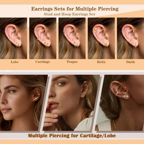 12 Pare Aretes De Oro 14k Mujer Arracadas Piercing Cartílago