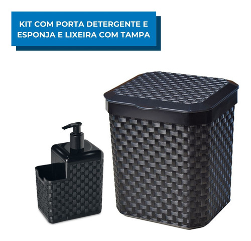 Kit Porta Detergente E Esponja E Lixeira De Pia Com Tampa