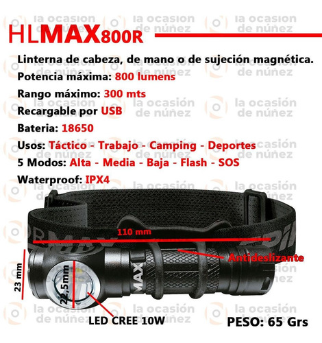 Imagen 2 de 7 de Linterna De Mano Frontal Spinit Tactica Recargable Hlmax800r