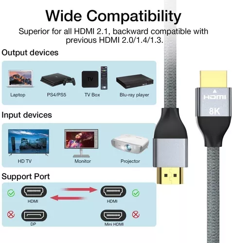 Cable HDMI 8k 4K 60Hz corto HD 2,1 V compatible con HDMI 1m 3m 5m con  carcasa trenzada y de aleación 48Gbps UHD TV Blu-ray Xbox PS4/3 5 PC