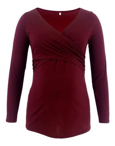 Top De Lactancia De Manga Larga Liso Con Cuello En V Y Volan