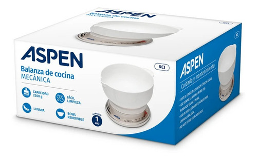 Imagen 2 de 2 de Balanza de cocina analógica Aspen KCI pesa hasta 2kg blanca