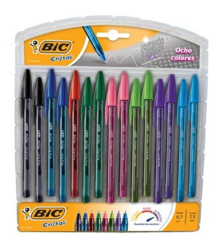 Bolígrafo Pluma Bic Cristal Punto Ultrafino 0.7 Mm 15 Piezas