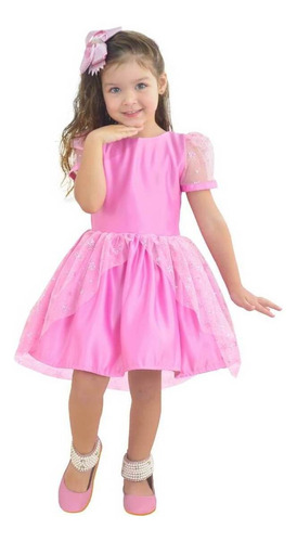 Vestido Infantil Rosa Chiclete Com Tule - 1 A 10 Anos