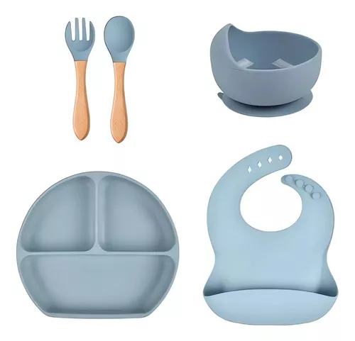 Set con vaso entrenador bebe + platos de bebe + baberos para bebe +  cubiertos I BPA FREE I 5 piezas I Silicona grado alimenticio Happy Life Kit  comida