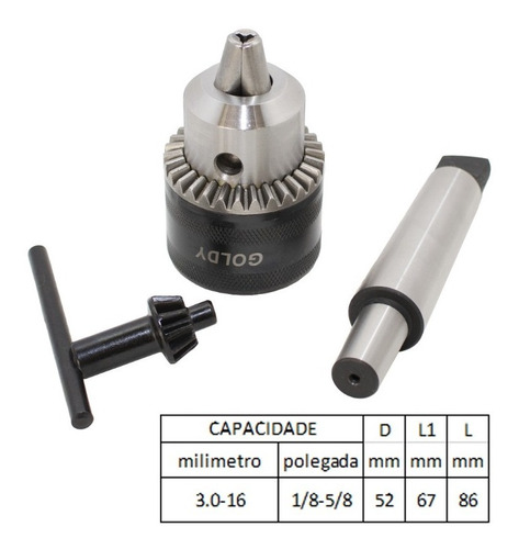 Mandril 5/8 3-16mm Cônico B16 Com Chave Goldy + Haste 2b16