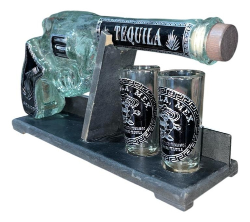 Pistola Licorera 400ml Con 2 Tequileros Con Base De Madera Agua
