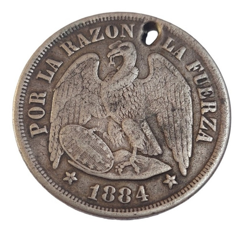 Moneda De 1 Peso Águila De 1.884 Plata Chile Perforado