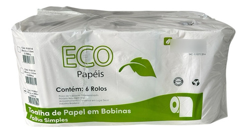 Papel Toalha Bobina 100% Branco 6 Rolos De 20cm X 200m Macio