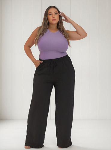 Calça Pantalona Plus Size Wide Leg Cintura Alta Com Elastico