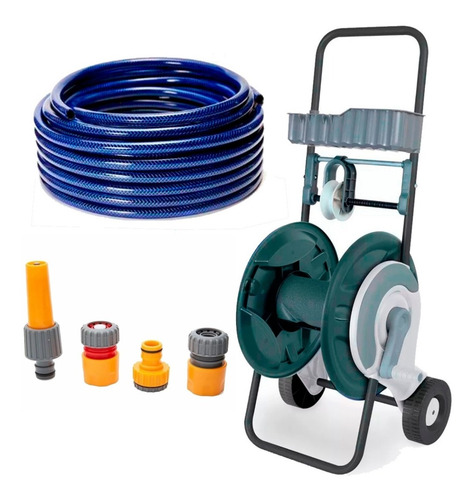 Imagen 1 de 10 de Kit Riego + Carro Porta Manguera Rehau + Manguera 1/2 X 25 M