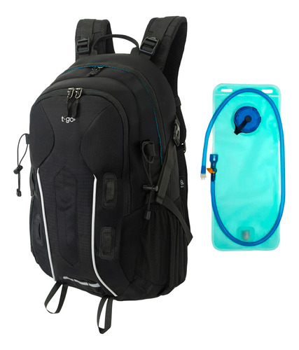 Mochila De Camping Trekking T-go Bolsa De Hidratación 2 Lts Funda Para Lluvia Sistema Molle Y Silbato De Emergencia 40 Litros Color Negro