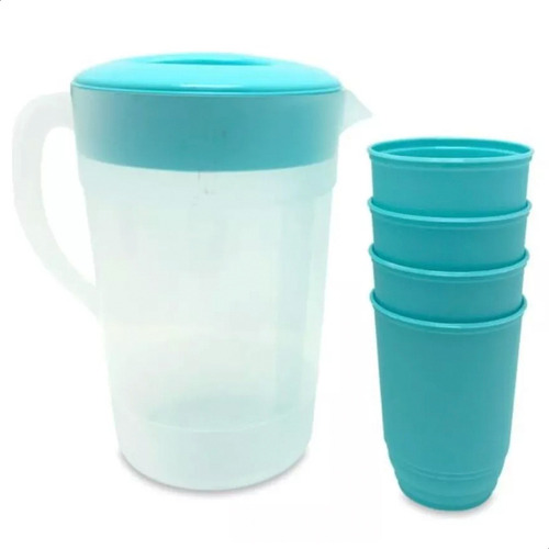 Set Jarra Plástica Bebidas Con 4 Vasos Playa Pic Nic Color Verde Aqua