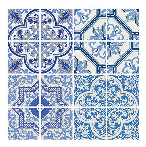 Calcomanías De Azulejos Marroquíes Azules De 4 X 4 Pu...