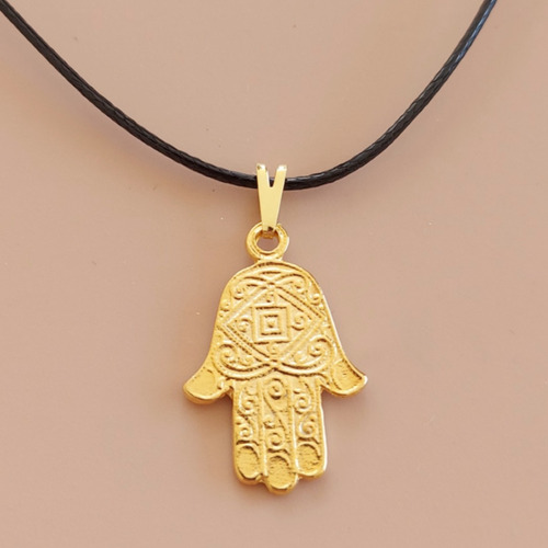 Colar Hamsa Desenhada 20mm Cordão Amuleto Proteção Cor Banhado A Ouro