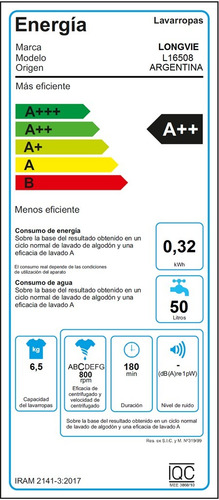 Imagen 4 de 4 de Lavarropas Longvie L16508 6.5kg 800rpm