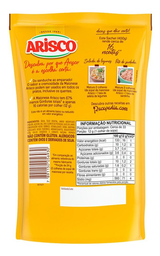 Maionese Arisco Sachet 400g - Embalagem Com 12 Unidades