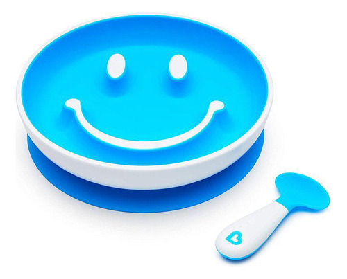 Plato de entrenamiento Smile con ventosa y cuchara azul - Munchkin