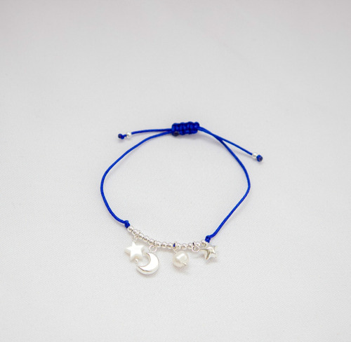 Pulsera Dama, Hilo Azul Con Detalles Y Dije En Plata 925