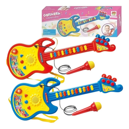 Brinquedo Guitarra Musical Infantil Com Luz Som Microfone Cor Vermelha e Amarela