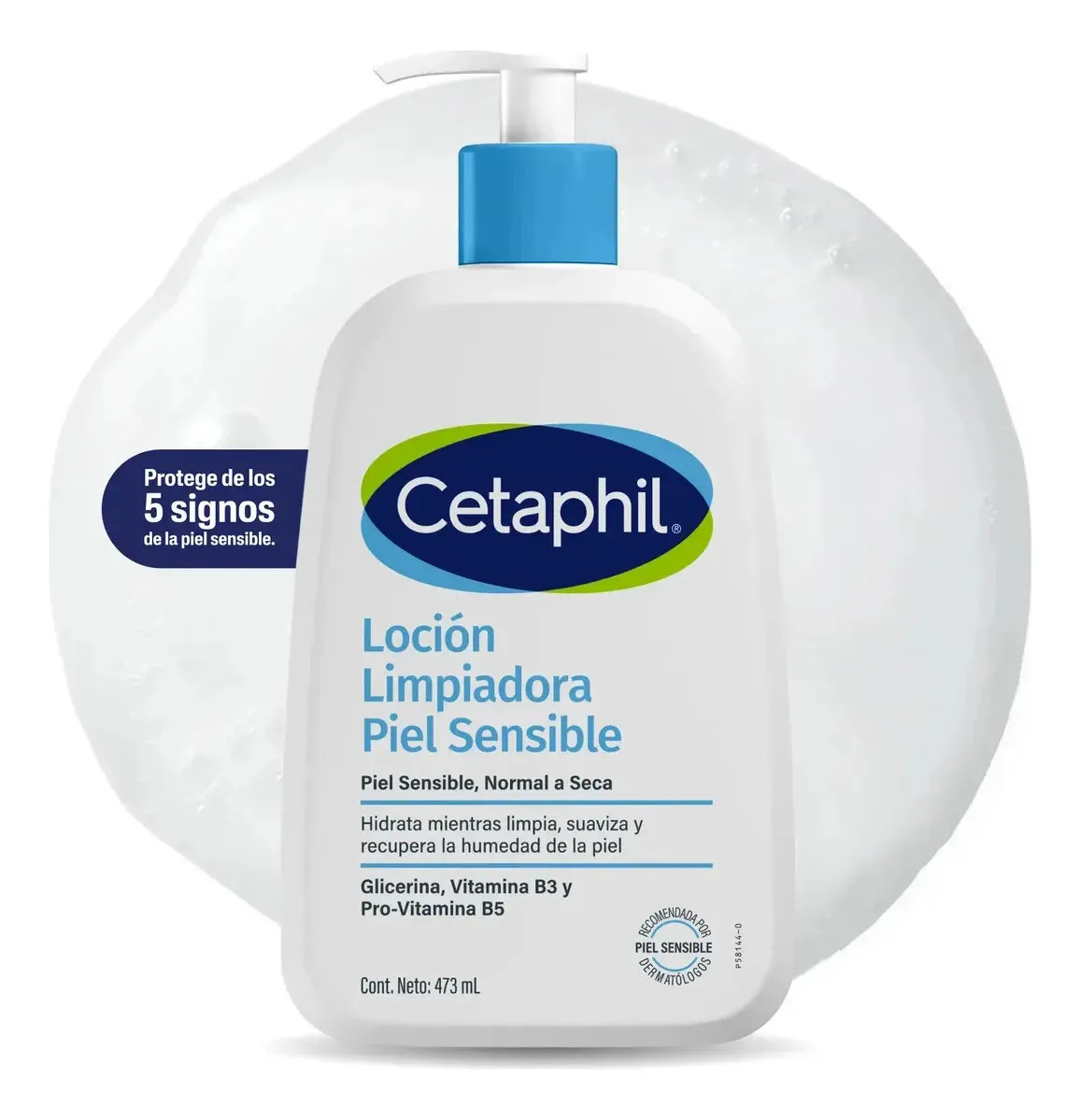 Cetaphil Loción Limpiadora Facial Corporal Piel Sensible y Seca 473 ml | Limpia e hidrata hasta 48 h, remueve maquillaje e impurezas, preserva humectación con niacinamida B3, pantenol y glicerina.