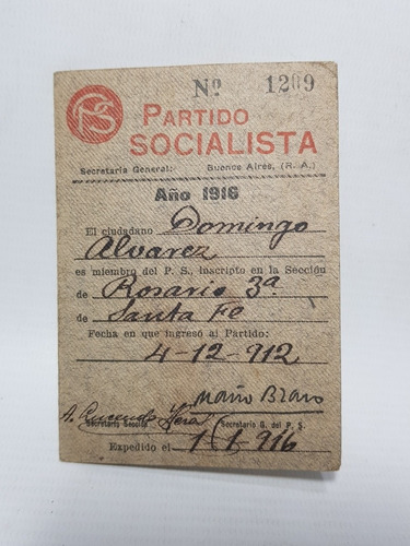 Antiguo Carnet Libreta Partido Socialista 1916 Mag 57470