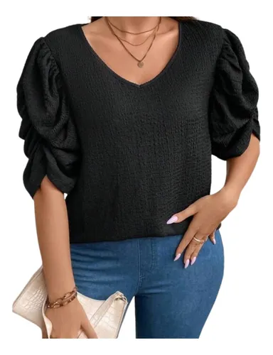 Camiseta Unicolor Fruncido De Manga Farol Para Mujer