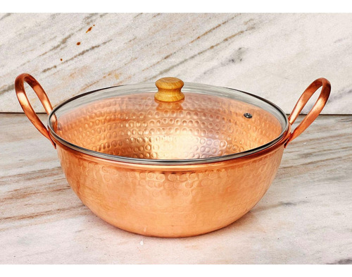 Tacho De Cobre 7 Litros Com Alças De Cobre E Tampa De Vidro