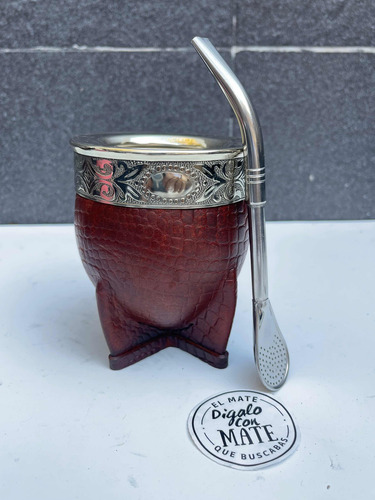 Mate Imperial Cuero Croco De Alpaca Y Calabaza Con Bombilla