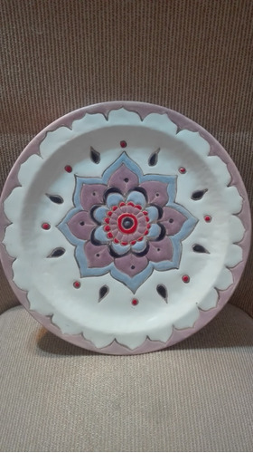 Plato Decorado Con Tecnica Cuerda Seca Flor Mandala 28cms