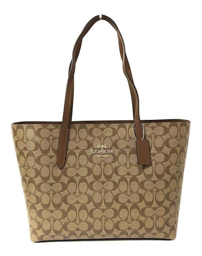 Bolsa shopper Coach Avenue diseño signature canvas de lona  khaki y saddle asas color blanco