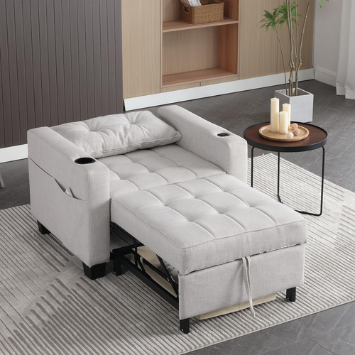 Sillón Convertible 99 Cm Sofá Cama Individual 3 En 1 Lino Bl