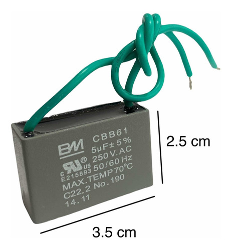 Imagen 2 de 8 de Capacitor Ventilador Techo 5 Uf Mfd A 250volts Con Cable