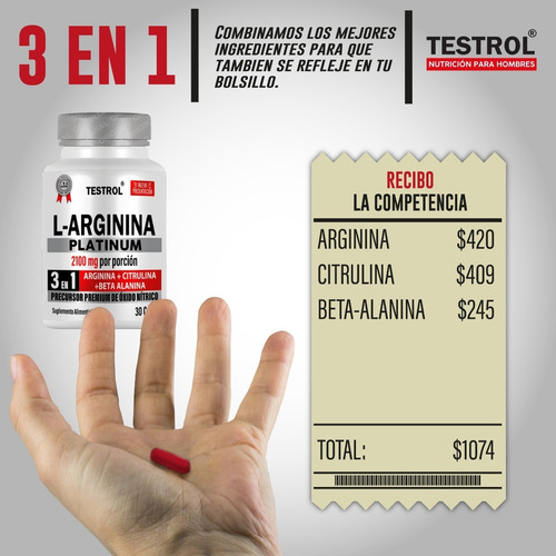Imagen 4 de 5 de L-arginina Platinum 2100mg Testrol 3 In 1- 30 Cápsulas