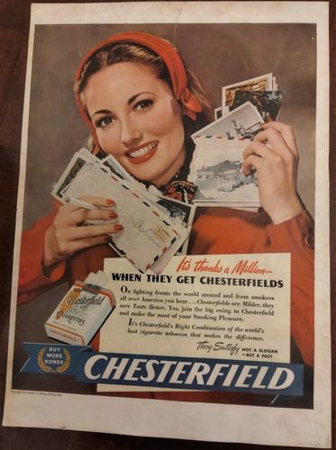 1944 Publicidad Vintage De Cigarrillos Chesterfield 25 X 35 