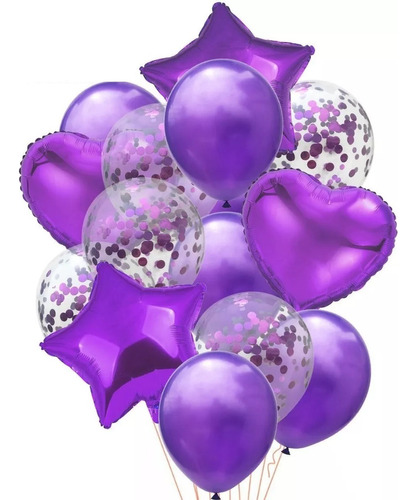 Bouquet Arreglo Globo Latex Confetti Morado Corazon Estrella