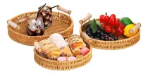 Comprar Set 3pz Bandeja Canasta Cesta Mimbre Pan Fruta Asas Redonda