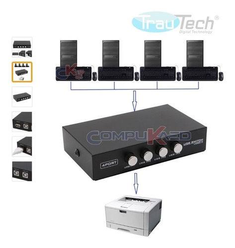 Imagen 3 de 5 de Data Switch Usb 4 X 1 Para 4 Pc A 1 Impresora Trautech Print