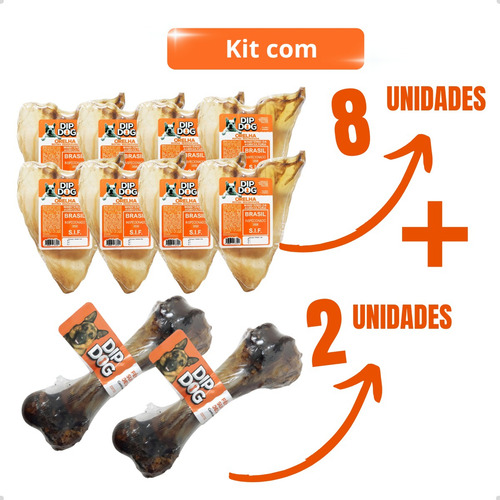 Kit 8 Modedor Natural Orelha Bovina Petisco E 2 Osso Fêmur Cor Bege