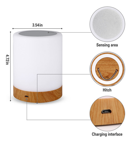 Luz Nocturna Led Regulable Recargable Con Vetas De Madera, C