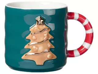 Set De Taza De Cerámica C/tapa Y Cuchara Arbol Navidad 380ml