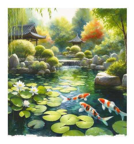 Vinilo 60x60cm Koi Paisaje Sereno Acuarela Relajacion M2