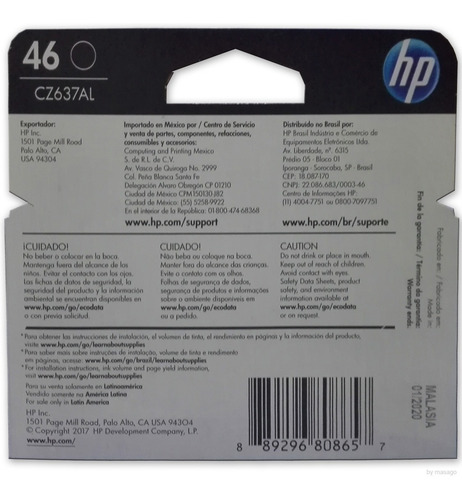 Cartucho Tinta Hp 46 Negro Cz637al Original 2529 4729 5738